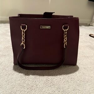 Calvin Klein Deep Burgundy Tote with Gold Accents